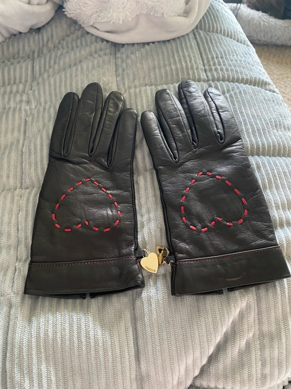 Black Leather Gloves with Red Heart Stitching and Gold Heart Charm